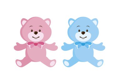 Şirin pembe ve mavi oyuncak ayı, ikon vektörlü. Bir çift oyuncak ayı ikonu seti. Oyuncak ayı simgesi beyaz bir arkaplanda izole edilmiş. Favori peluş oyuncak ikonu. Sevimli ayı sevimli oyuncak vektörü