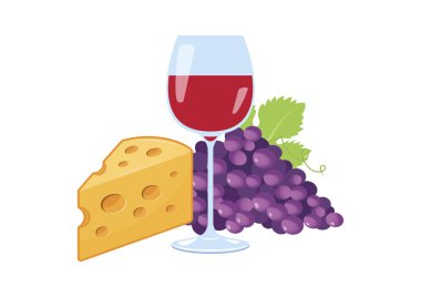 Bir kadeh kırmızı şarap, üzüm ve peynir ikonu vektörü. Kırmızı şarap, üzüm ve peynir ikonu vektörüyle hayat. Beyaz arka planda izole edilmiş kırmızı şarap ve peynir ikonu. Yiyecek ve içecek ikonu