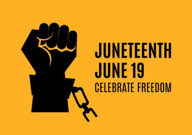 Juneteenth yazıtları, elleri siyah yükseltilmiş ve elleri kelepçeli. Haziran ayı vektörü. Zincirleme ikon. Protesto simgesi olarak el kaldırıldı. Juneteenth Poster, 19 Haziran. Önemli bir gün.