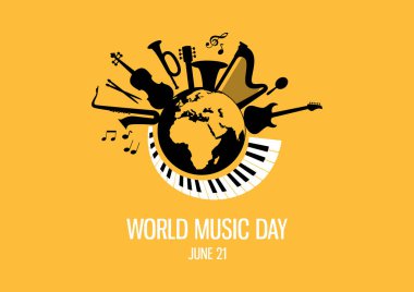 Müzik aletleri vektörüyle Dünya Müzik Günü. Farklı müzik aletleri siluet vektörü. Dünya gezegeni, müzik aletleri vektörüyle. Music Day Poster, 21 Haziran. Önemli bir gün.