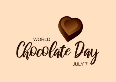Üzerinde çikolata kalp vektörü yazan Dünya Çikolata Günü. Çikolatalı pralin kalp şekli ikon vektörü. Çikolata Günü Posteri, 7 Temmuz. Önemli bir gün.