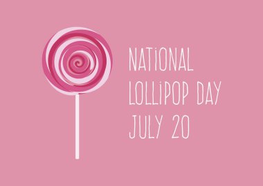 Ulusal Lolipop Günü vektörü. Pembe spiral lolipop ikonu. Lolipop ikon vektörü. Pembe ve beyaz spiral lolipop vektörü. Pembe arka planda çilekli lolipop. Lolipop Günü Posteri, 20 Temmuz