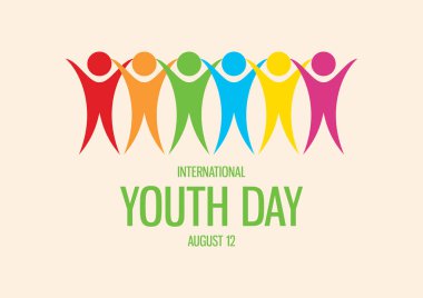 Uluslararası Gençlik Günü vektörü. Bir grup insan ikonu soyutluyor. Çok renkli insan simgesi vektörü. Renkli insanlar bir sıra vektöründe duruyorlar. Gençlik Günü Posteri, 12 Ağustos. Önemli bir gün.
