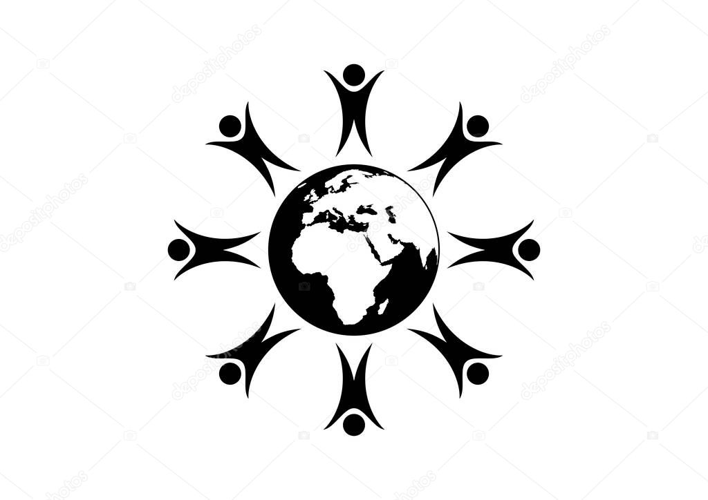 People figures standing around the Planet Earth vector. Group of people abstract icon. People standing around globe black silhouette icon isolated on a white background. People around the world vector