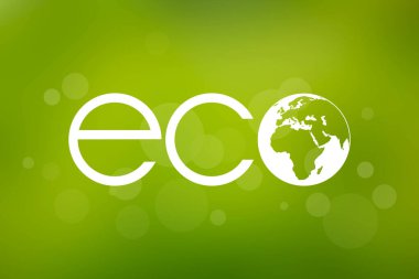 Yeşil arka planda beyaz ekolojik yazı var. Çevre klipsi sanatı. Yeşil arka planda ekoloji simgesi izole edildi. Biyo gezegen Dünya sembolü