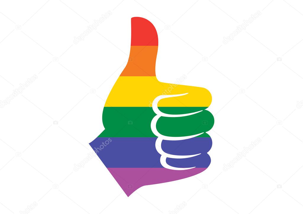 Thumb up shape rainbow flag vector. Thumb up like hand lgbtq colors icon vector. Like hand symbol vector. Lgbtq flag hand thumb up icon vector. Rainbow thumb up hand icon. LGBT community symbol