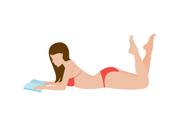 Girl Lying Beach Reading Book Vector Young Woman Red Bikini — Stock Vector