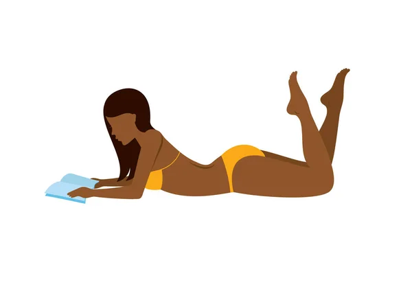Ein Afroamerikanisches Mädchen Liegt Strand Und Liest Ein Buch Junge — Stockvektor