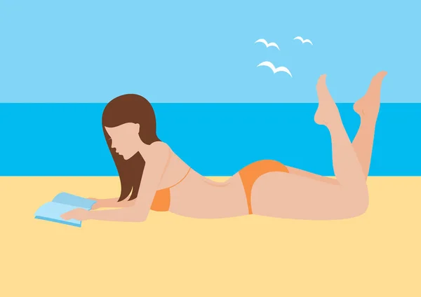 Frau Entspannt Sich Strandvektor Mädchen Liegt Strand Und Liest Ein — Stockvektor