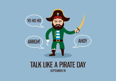 Uluslararası Talk Like a Pirate Day vektörü. Tahta bacaklı ve kanca vektörlü bir deniz kaptanı. Konuşan korsan çizgi film karakteri. Eğlenceli bir tatil. 19 Eylül 'de Korsan Günü Posteri Gibi Konuş. Önemli bir gün.