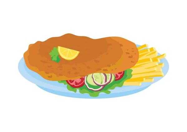 Wiener Schnitzel Mit Pommes Und Salat Gebratenes Schnitzel Mit Garnitur — Stockvektor