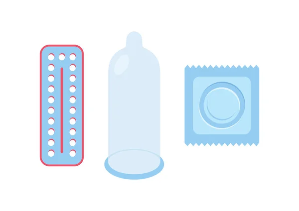 Contracepção Preservativo Pílulas Contraceptivas Vetor Conjunto Ícone Vetor Contracepção Masculino — Vetor de Stock