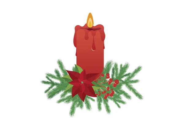Candela Natale Rossa Ardente Con Vettore Ramoscello Abete Rosso Decorazione — Vettoriale Stock