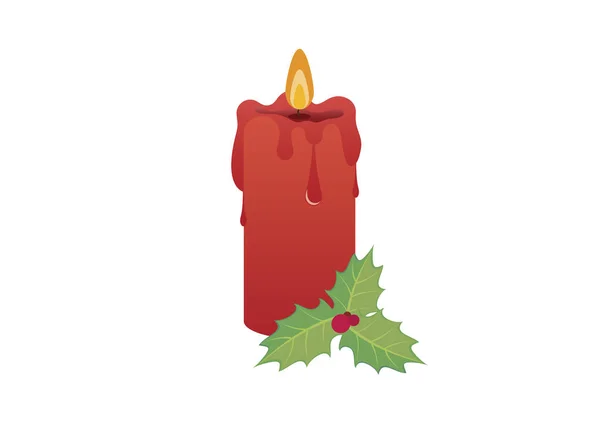 Candela Natale Rossa Ardente Con Vettore Icona Vischio Candela Natalizia — Vettoriale Stock