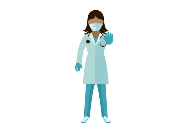 Covid Vektörünü Önlemek Için Yüzüne Tıbbi Maske Takan Kadın Doktor — Stok Vektör
