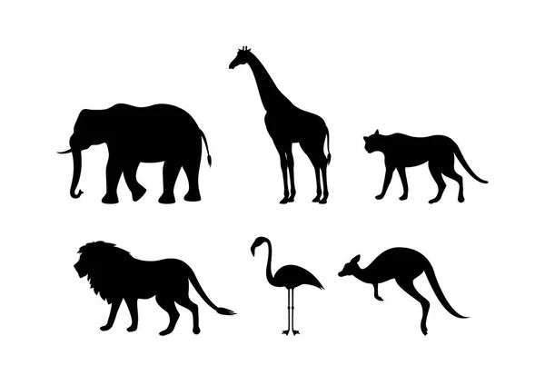 Diferentes Tipos Animales Salvajes Silueta Icono Conjunto Vector Siluetas Negras — Vector de stock