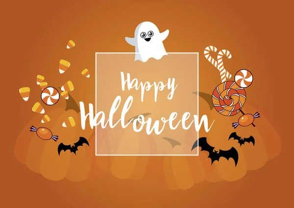 Buon Halloween Auguri Con Fantasma Dolci Pipistrelli Zucche Vettore Buon — Vettoriale Stock