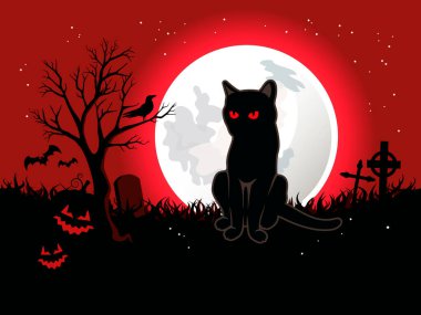 Şeytani cadılar bayramı kedisi ve dolunay vektör çizimi. Cadılar Bayramı gecesi korkutucu arka plan ve mezarlık vektöründe siyah kedi. Kedi, mezarlık ve dolunay çizimi. Arkaplan, afiş, kart için şablon