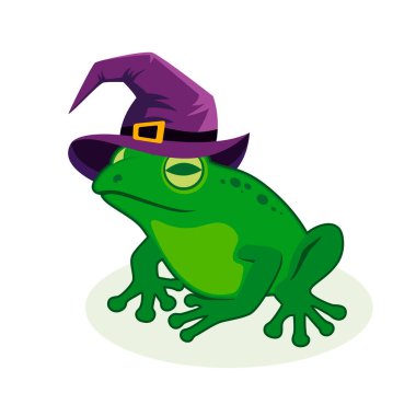 Cadı şapkası çizimi olan bir kurbağa. Beyaz arka planda izole edilmiş mor bir cadı şapkası ikonu içindeki yeşil kurbağa. Çizgi film tarzında Cadılar Bayramı kurbağa tasarımı ögesi