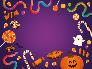 Tatlı cadılar bayramı mor arkaplanlı, şekerli ve çerçeve vektör resimli. Cadılar Bayramı şekeri, şekerler, lolipoplar, jelibon solucanları metin için boşluk sınırı.