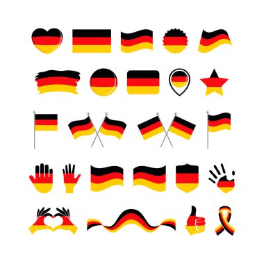 Alman bayrak simgesi beyaz bir arkaplanda izole edilmiş vektör belirledi. Almanya Bayrağı grafik tasarım elementi. Alman bayrağı düz bir şekilde simgeleşir. Alman sembolleri koleksiyonu