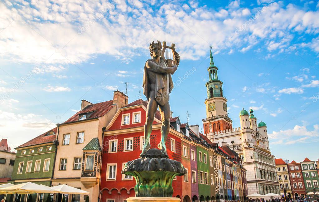Fountain with statue of Apollo in old town square. Poznan. Poland