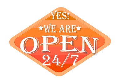 Beyaz arka plan üzerinde izole 24/7 açık turuncu pul olduğumuzu