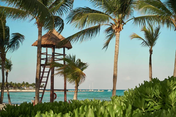 Vista alla spiaggia resort hotel di lusso della costa tropicale. Luogo di bagnino. Foglie di palme da cocco svolazzano nel vento contro il cielo blu. Acqua turchese del Mar dei Caraibi. Riviera Maya Messico — Foto Stock