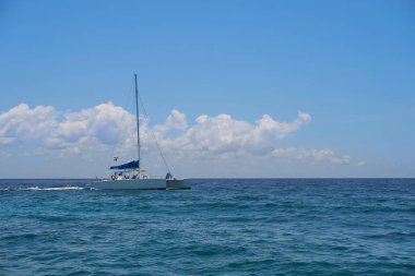 Yat katamaran Yelken sıcak Karayip Denizi dalgalar üzerinde yola çıkacak. Yelkenli. Yelken. Cancun Meksika. Yaz güneşli bir gün, mavi gökyüzü bulutlu
