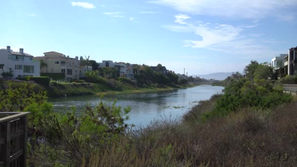 Υπέροχη θέα στη λιμνοθάλασσα Μαρίνα Ντελ Ρέι. Κανάλι με θαλασσινό νερό. Ιδιωτικές κατοικίες και στις δύο πλευρές της ακτής. Ζεστή ηλιόλουστη μέρα στο Λος Άντζελες Καλιφόρνια. — Αρχείο Βίντεο