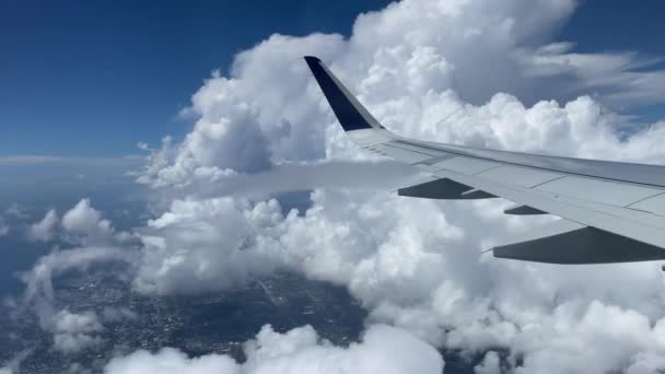 Volando sobre Miami. Vista de la costa este desde la ventana de los aviones. Hermosas nubes blancas contra el cielo azul. Las aguas turquesas de la costa atlántica. — Vídeo de stock