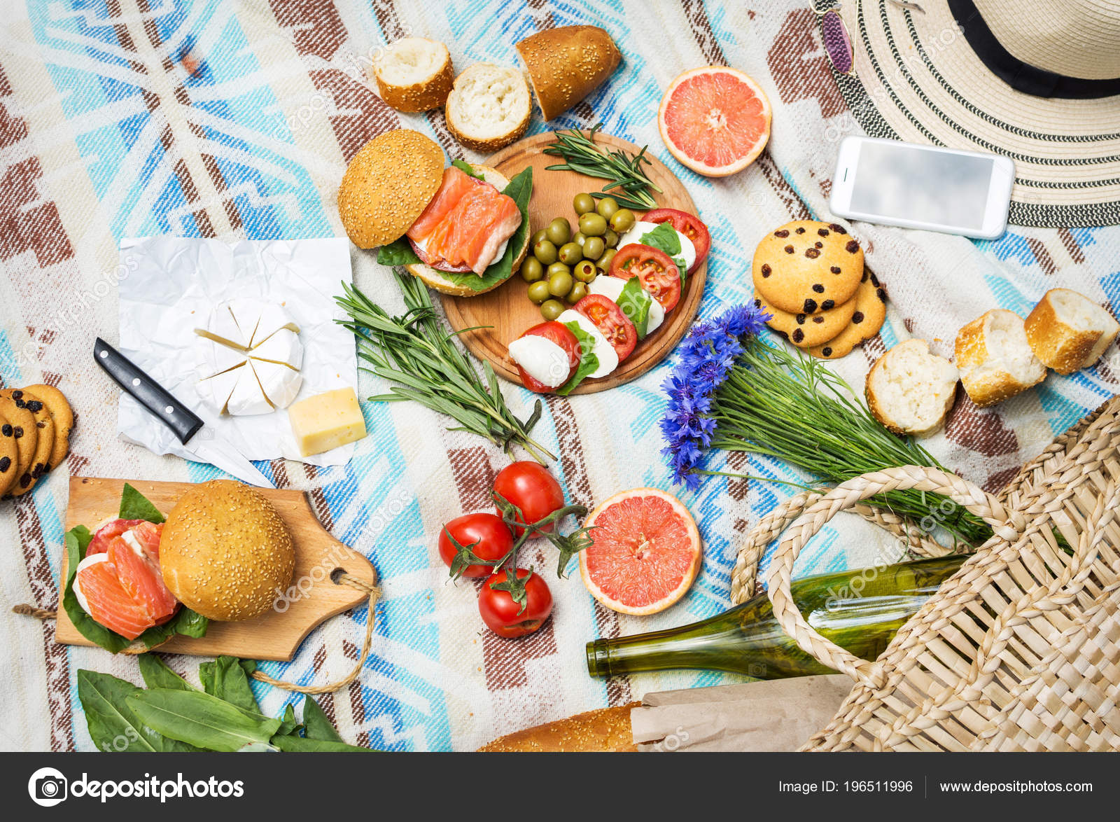 Picnic Setting Grass Basket Sandwiches Fruit Strawberry Salad Olives