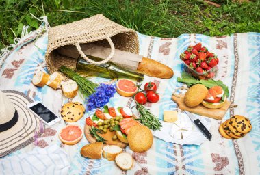 Sepet, sandviç, meyve, çilek, salata ve zeytin ile çimlerde piknik ayarı.
