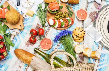 Sepet, sandviç, meyve, çilek, salata ve zeytin ile çimlerde piknik ayarı