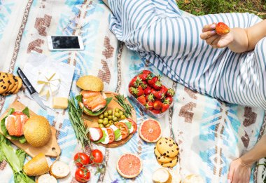 Sepet, sandviç, meyve, çilek, salata ve zeytin ile çimlerde piknik ayarı