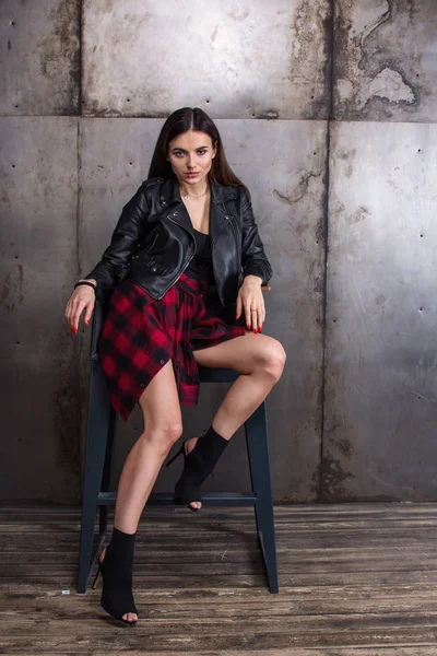 Gorgeous Beautiful Sexy Woman Black Leather Jacket Sitting Chair — Stock Photo, Image