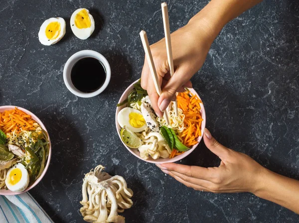 Female Hands Miso Ramen Asian Noodles Bowls Dark Stone Background — Stock Photo, Image
