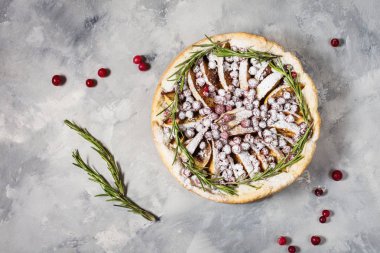 Elmalı turta ile kızılcık beton zemin üzerine. Üstten görünüm.