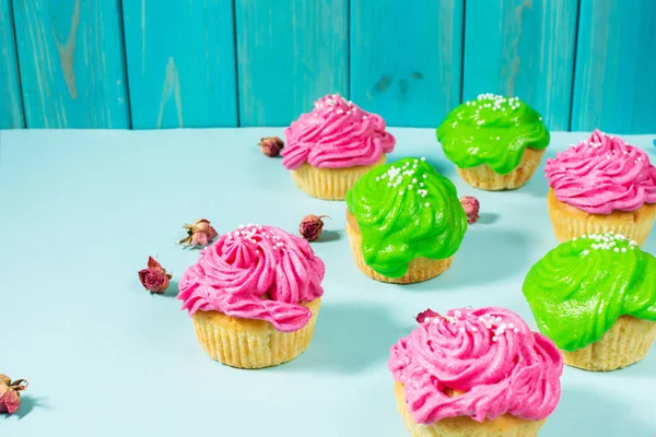 Group of colorful cupcake on blue background. Copy space