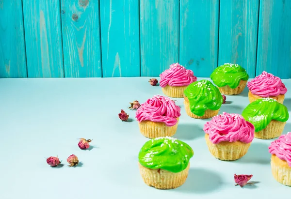 Group Colorful Cupcake Blue Background Copy Space — 스톡 사진