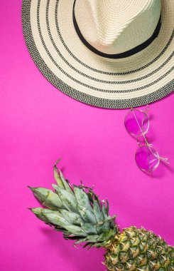 Olgun ananas güneş gözlüğü ve şapka pembe bir arka plan ile. Tatil kavramı. Üstten Görünüm
