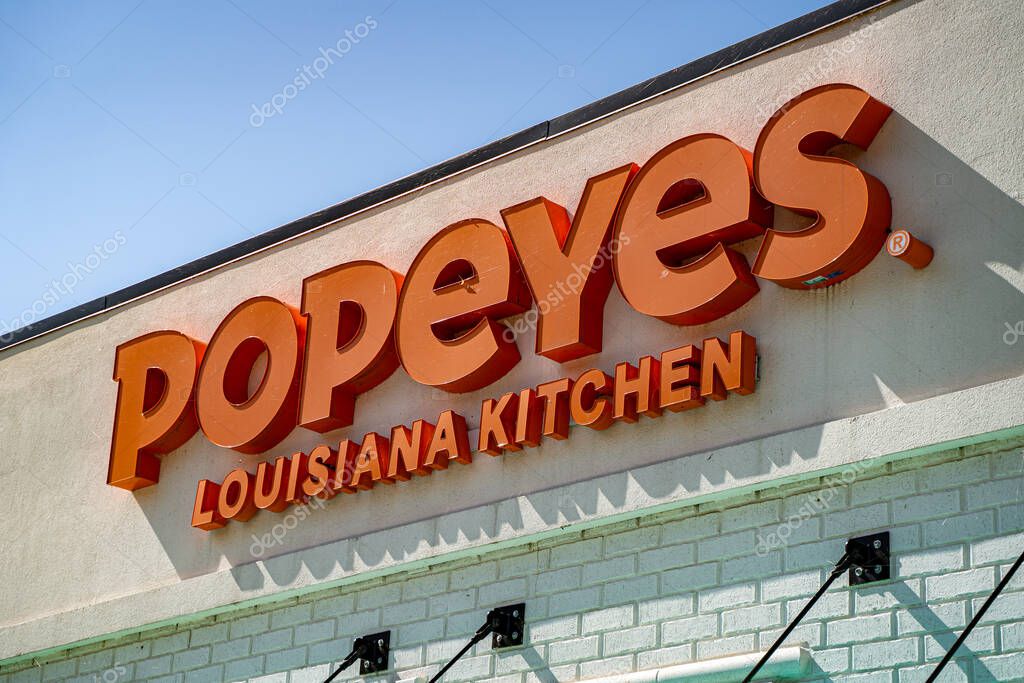 View of Popeyes Louisiana Kitchen restaurant sign. Windsor, Canada - September 11, 2025