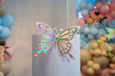 Bebek partisinde renkli kelebek süslemesi.