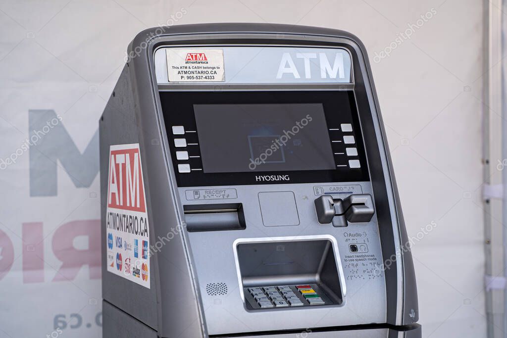 View of an ATM Ontario cash machine. Toronto, Canada - August 16, 2025.