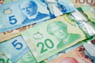 Beş ve yirmi dolarlık Kanada banknotlarını kapatın. Toronto, Kanada - 18 Eylül 2025.