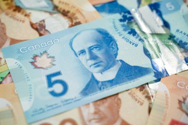 Kanada 'nın beş dolarlık banknotunu Wilfrid Laurier portresiyle kapatın. Toronto, Kanada - 18 Eylül 2025.