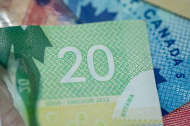 Kanadalı 20 dolarlık banknotun makro detaylarını kapat. Numara ve güvenlik dokusunu göster..