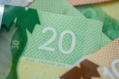 Kanadalı 20 dolarlık banknotun makro detaylarını kapat. Numara ve güvenlik dokusunu göster..