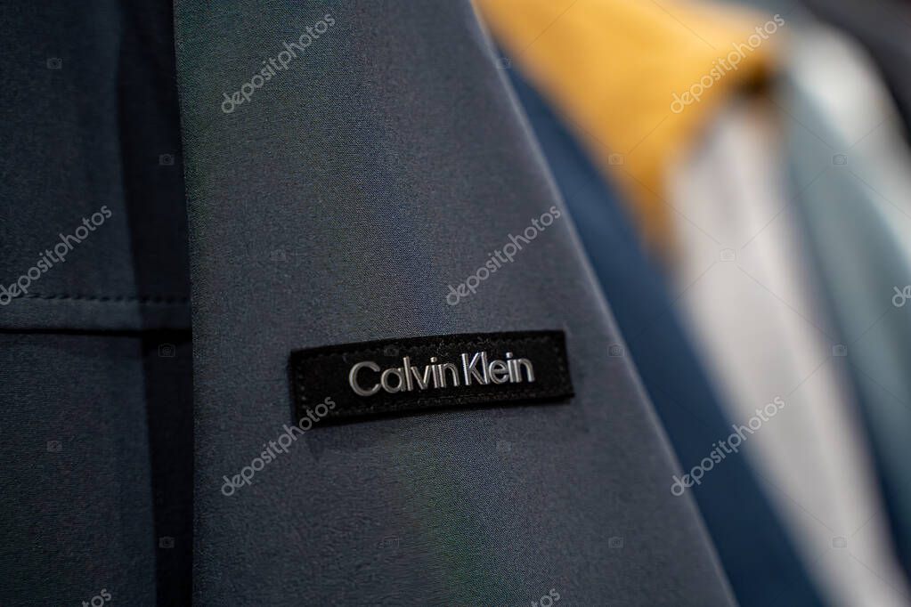 Close up of Calvin Klein logo on blue jacket. Toronto, Canada - September 20, 2025.
