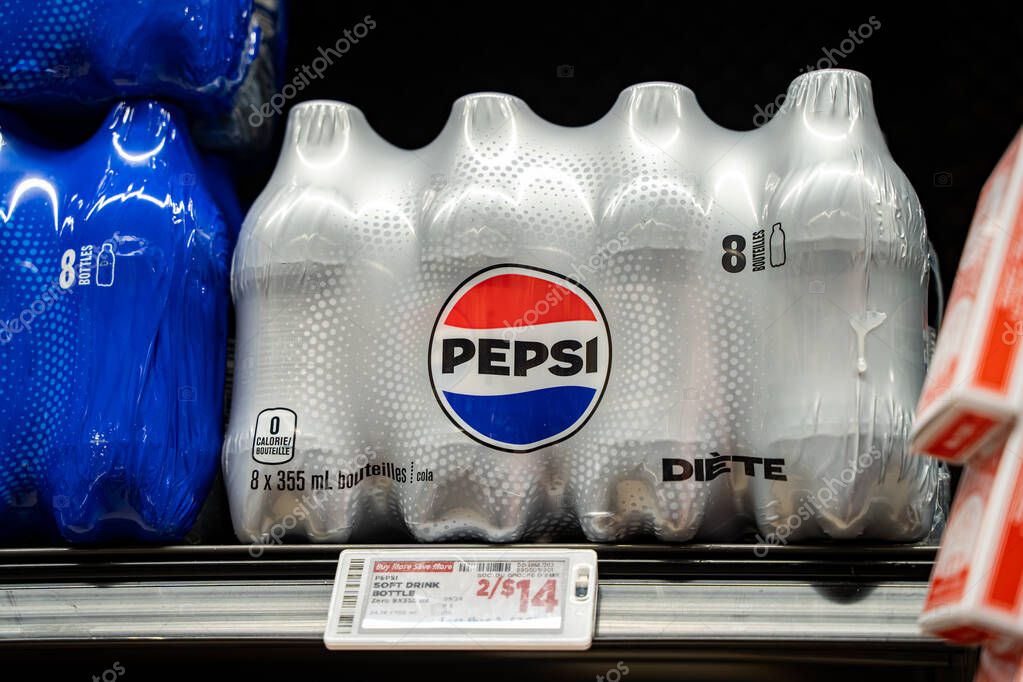 Close up of Diet Pepsi bottles in multipack packaging on supermarket shelf. Toronto, Canada - September 20, 2025.
